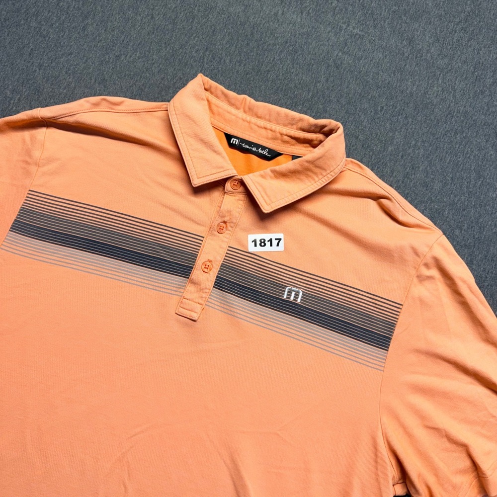 TravisMathew Mens Large Peach Orange Striped Short Sleeve Golf Polo Shirt